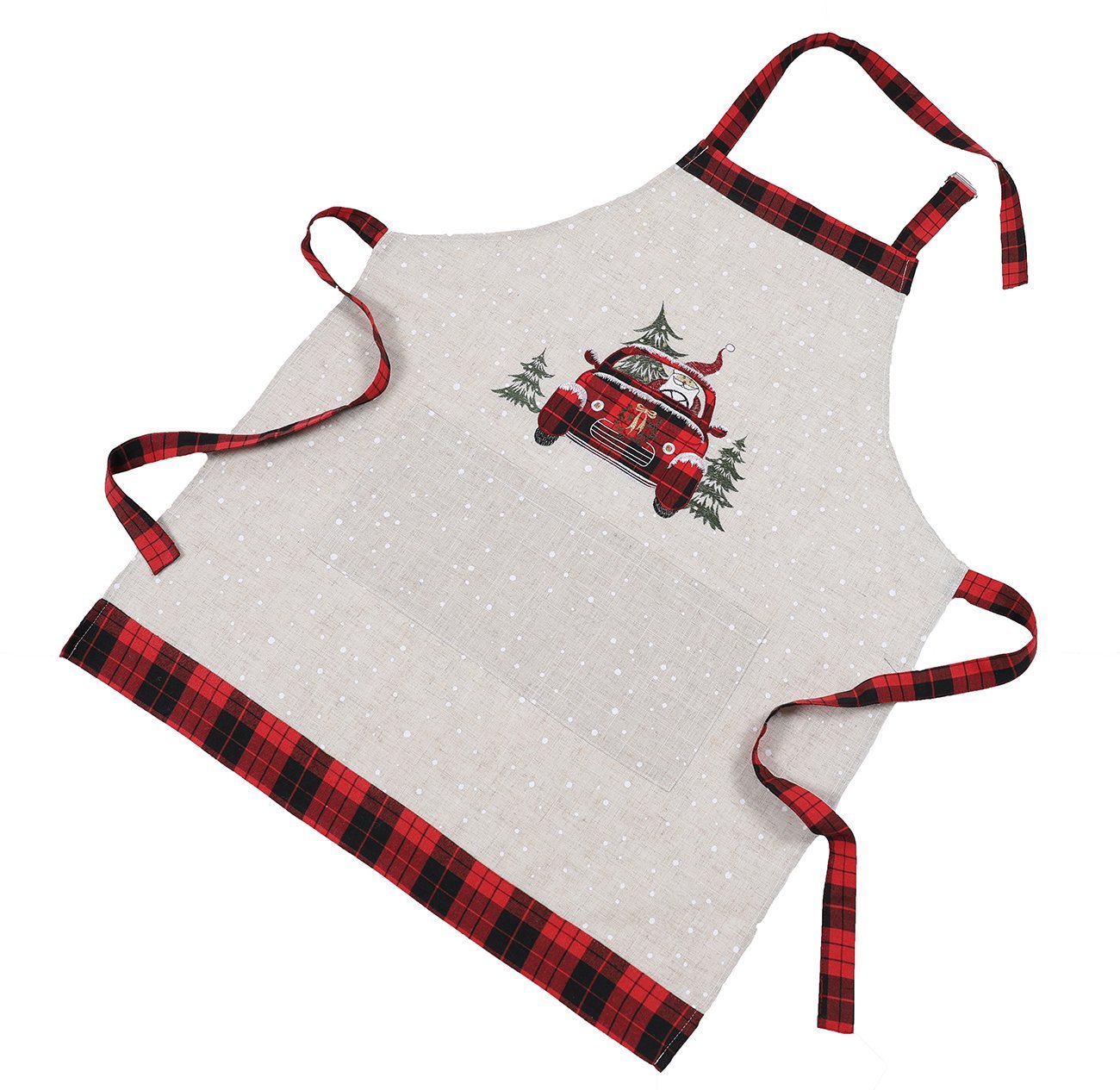 Adult-sized Christmas apron featuring Santa Claus riding on a plaid car with a snowy background, perfect for holiday cooking.